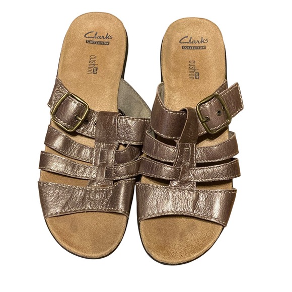 Clarks Shoes - Clarks Collection Metallic Bronze Leather Strappy Wedge Slide Sandals Womens 8.5